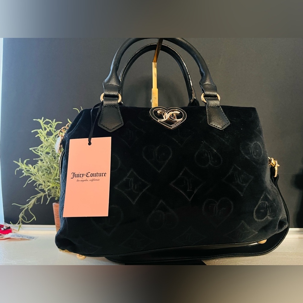 Juicy Couture Black Velvet Satchel Glitz Logo Crossbody Bag NWT
